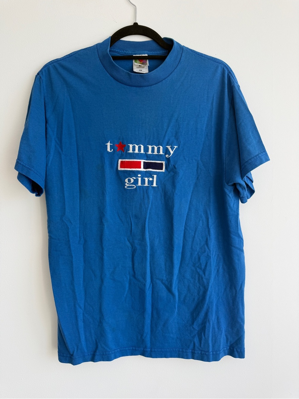 Vintage Tommy Girl Embroidered Blue T-Shirt Women’s Medium Y2K Logo Tee